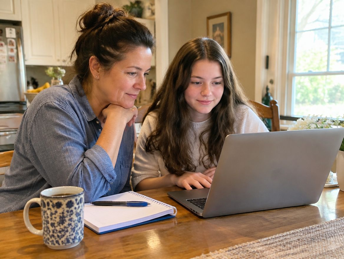 Mother and daughter comparing school options on a laptop at home